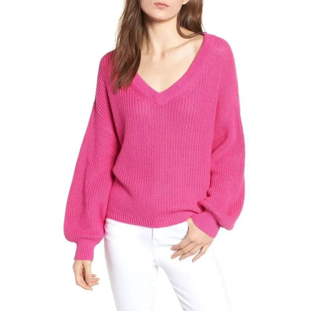Nordstrom BP | Balloon Sleeve Crop V-neck Sweater - [XS in Pink]